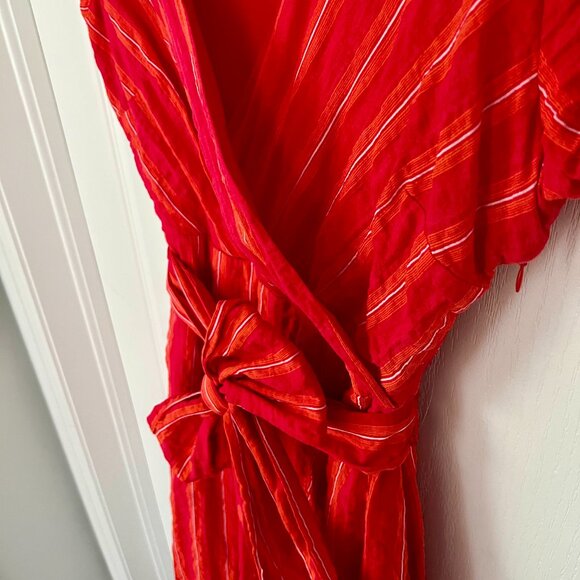 Tristan Red Striped Faux Wrap Cotton Blend V Neck Dress with Tie Belt Cap Sleeve - Picture 5 of 15
